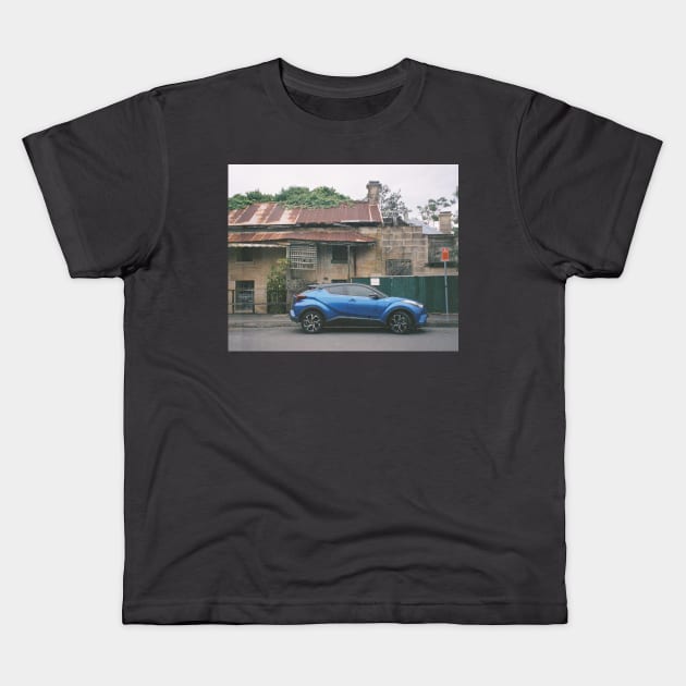 Timeless Sydney Charm: Modern Blue Car and Historic Sandstone House Kids T-Shirt by HFGJewels